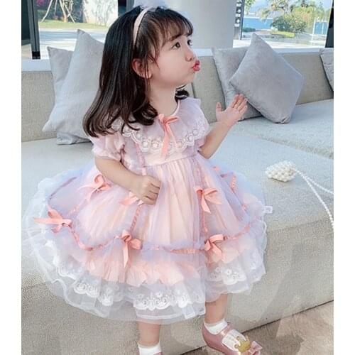 Summer Baby Girl Spanish Lattice Dresses Infant Spain Lolita Princess Ball Gown Children 1st Birthday Baptism Lace Bow
