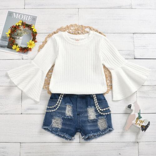 Emmababy Toddler Baby Girl Long Flare Sleeve Tops + Hollow Out Jeans Outfits Summer Clothes 6M-5Y Summer