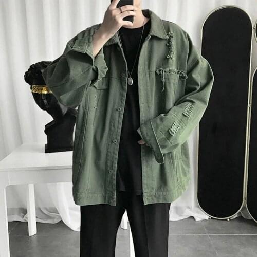 2021 Men Clothing Fashion Denim Jacket Harajuku Hole Jeans Coat Loose Hip Hop Oversized Top Autumn Streetwear Solid Male Outwear