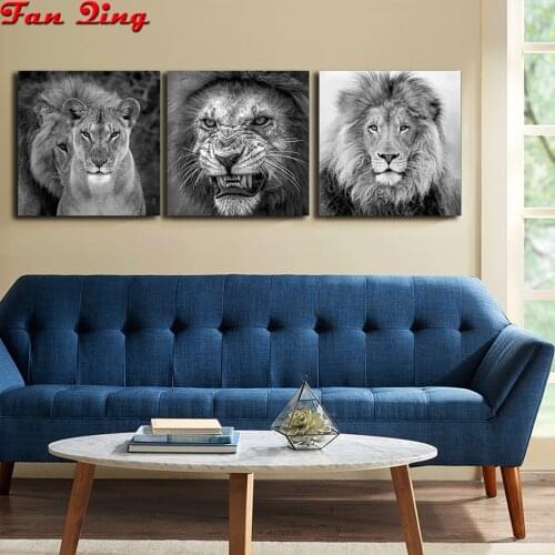 3pcs diamond painting Black and white art animal lion leopard tiger full square round diamond embroidery mosaic cross stitch set