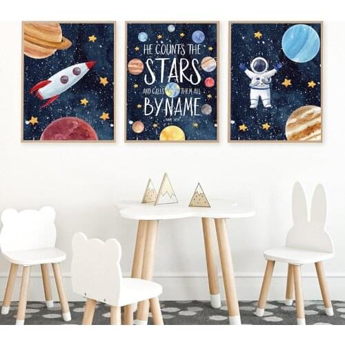 Watercolor Outer Space Theme Nursery Wall Art Picture Canvas Painting Astronaut Rocket Planet Posters and Prints Kids Room Decor