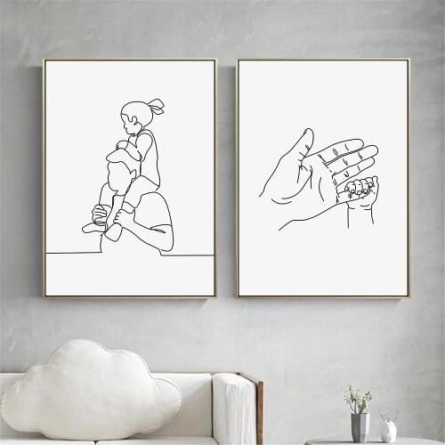 Dad Daughter Line Drawing Canvas Print Family Baby Hand Wall Art Poster Family Painting Abstract Wall Pictures Kids Room Decor
