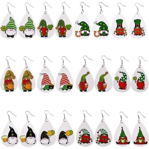 12 Pairs St-Patrick’s Day Gnome Faux Leather Earrings Bulk Teardrop Earrings Irish Clover Spring Holiday Fashion Jewelry