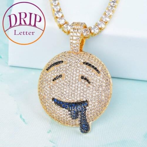Round Drool Face Pendant Rope Chain Gold Color Cubic Zircon Mens Hip Hop Necklace Rock Jewelry