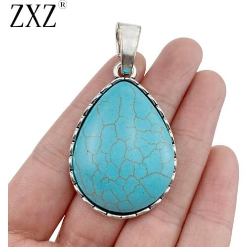 ZXZ 2pcs Tibetan Silver Large Water Drop Faux Turquoise Stone Charms Pendants for Necklace Jewelry Making Accessories