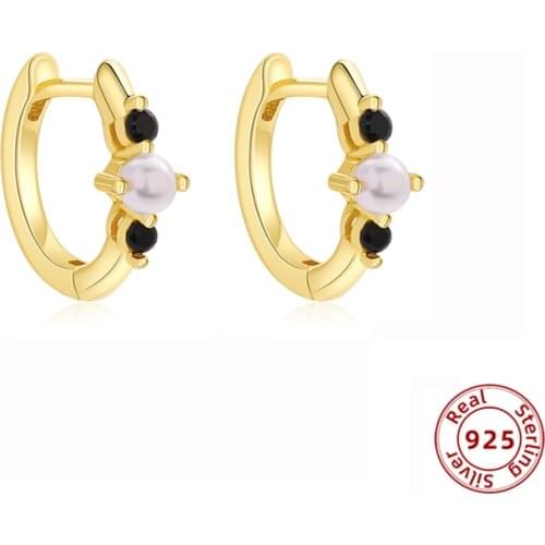 925 Sterling Silver Small Black Zircon Hoop Earrings Pearl Gold Color Piercing Ear Hoops for Women Huggie Jewelry 2021 New