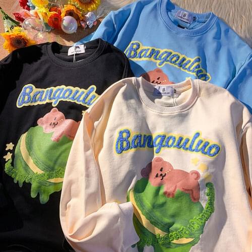 Cartoon bear letters printing Hip Hop Sweatshirt Women O-neck Long Sleeve Tops 2021 Autumn Japanese Fashion Kawaii Teens clothes