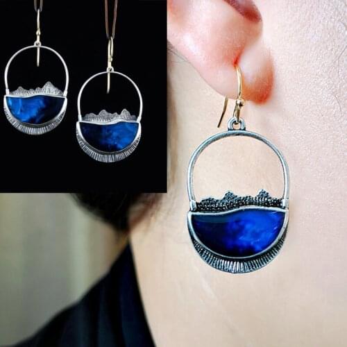 Vintage Fashion Blue Glossy Stone Dropping Dangle Earrings for Women Wedding Party Jewelry