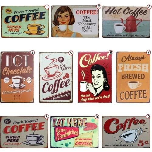 Hot Coffee Tea Signs Vintage Metal Plaque Wall Stickers For Kitchen Room Bar Cafe Shop Decor Retro Art Painting Poster