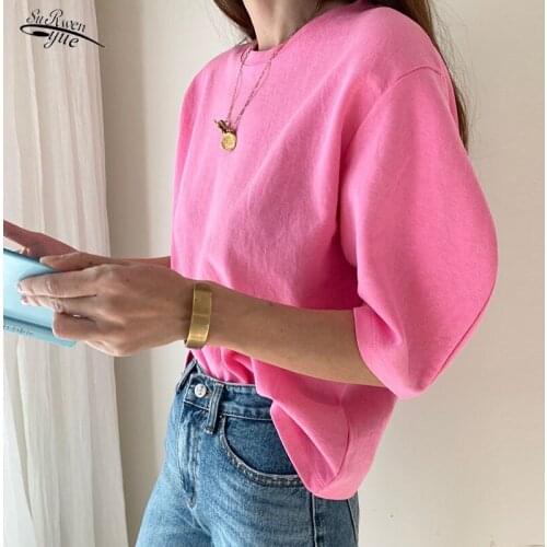 Round neck T-shirt top 4 colors bubble sleeve half sleeve shirt Korean womens summer T-shirt women casual solid color 10199