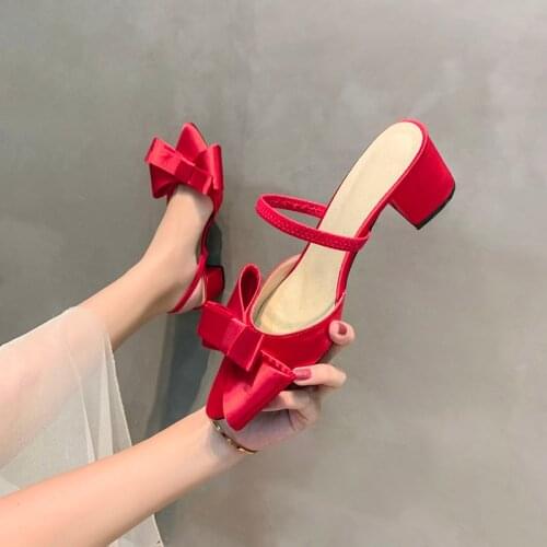 Pointed half slippers women wear 2019 new Baotou fashion bow High-heeled and lazy Muller slippers