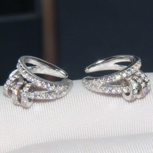 SLJELY High Quality Fashion 925 Sterling Silver Double Circle Ear Bone Cuff with Sliding Hoops Zirconia Clip Earrings for Women