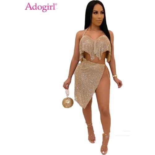 Adogirl Shiny Sequins Silk Two Piece Set Women Sexy Night Club Dress Ruffle Halter Crop Top Asymmetrical Skirt with Chain Suit