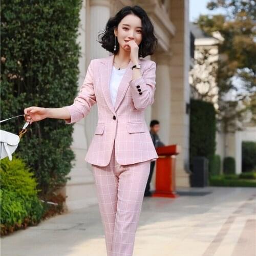 New 2020 Fashion Ladies Pink Blazer Women Work Suits with Pant and Jacket Sets Ladies Business Suits Half Sleeve