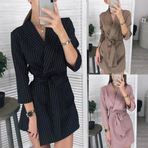 Women Autumn Solid Color Lapel Collar Long Sleeve Waist Belt Dress Coat Ladies Office Work Basic Shirt Dress