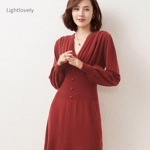 Fashion Women Dress 100% Cashmere And Wool Kintted Sweater Dress Luxury Casual V-neck Dresses For Women V-Neck Long Winter Cloth