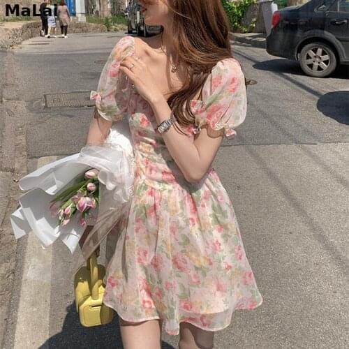 Vintage French Floral One Piece Dress Korean Elegant Casual Dresses Females Summer 2021 For Women Party Puff Sleeve Beach Dress