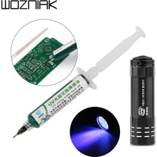 10cc Green Oil UV Solder BGA PCB Curable Solder Mast Green UV Fluxes Oil Soldering Paste Flux Inks Soft Nylon Brush 9 LED Light