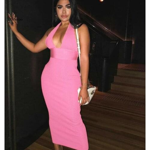 2020 Sexy Halter Deep V Neck Long Dress Women Backless Skinny Solid Party Night Club Chic Tunic Dresses Lady Hot Vestido