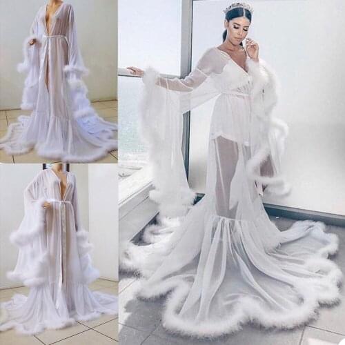 2021 New Bridal Jackets with Fur Long Sleeves Women Sexy Party Sleepwear Custom Made Bathrobe Sheer Nightgown Robes