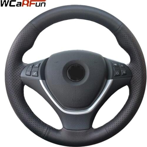 WCaRFun Black Genuine Leather Car Steering Wheel Cover for BMW X6 E71 2008-2014 E70 X5 2008-2013