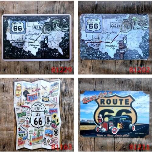 Vintage Metal Poster of The Route US 66 Map Historic Get Your Retro Motorcycle Car for Bar Garage Wall Shabby Chic Style Decor