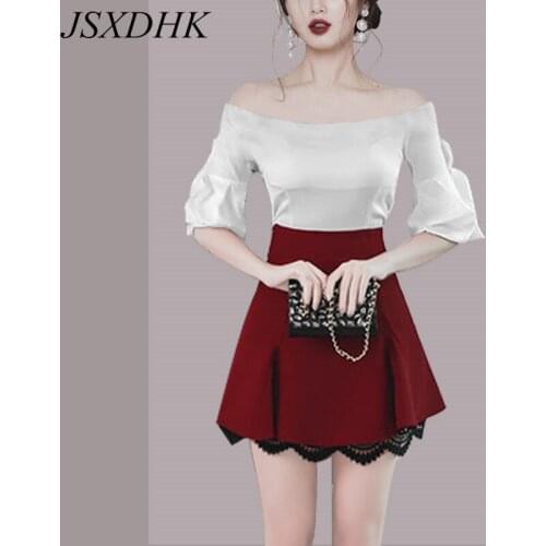 JSXDHK White Slash Neck Lantern Sleeve Bow Cotton Blouse Tops+ Wine Red Patchwork Lace Skirt Set 2019 Summer Women 2 Piece Set
