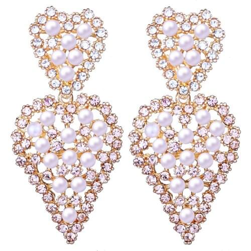 FARLENA korean earrings Imitation pearl Heart Shape Drop Earring Fashion Crystal Rhinestone Earrings for Women Wedding