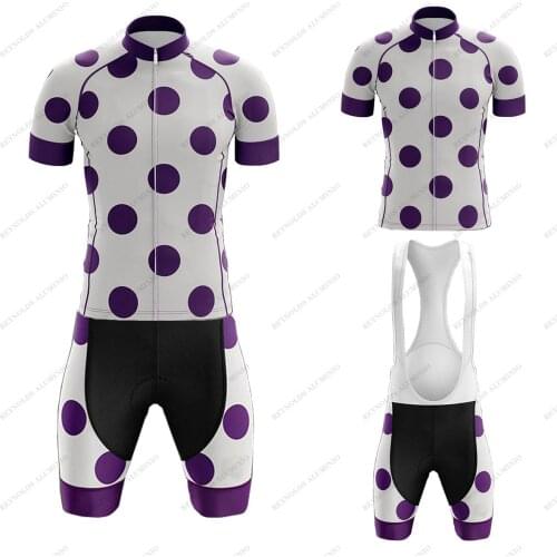 MENS Purple Polka Dot Cycling Jersey Set Short Sleeves Shorts Mountain Bike Uniform Sets Maillot Ciclismo hombre Bike Quipment