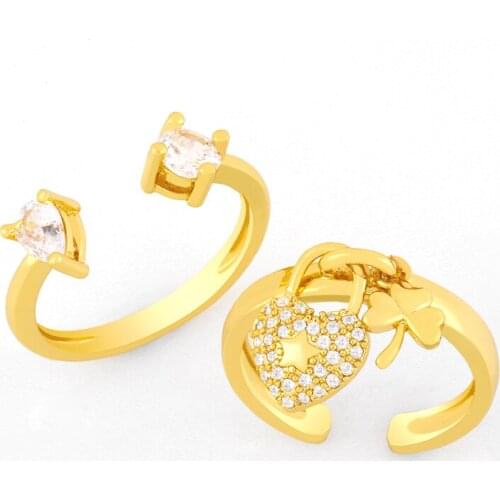 FLOLA Gold Vermeil Love Heart Charm Rings For Women Adjustable Stone Open Ring CZ Zirconia Jewelry Valentines Day Gifts rigk20