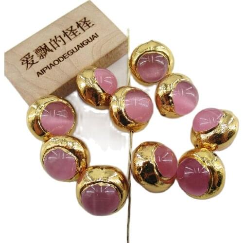 APDGG Wholesale 10PCS Natural Pink Cat eye Crystal Gold Plated Beads Jewelry Findings Loose Beads For Women