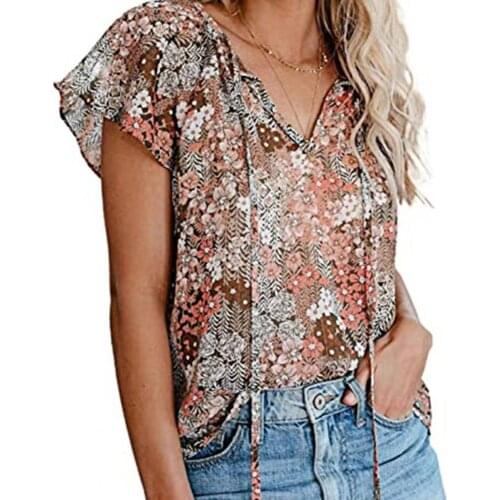 Hot Women T-Shirt Floral Print V Neck Ruffle Short Sleeve Tie Summer T shirt Streetwear Women T-Shirt Party