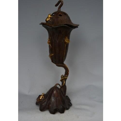 Rare Qing Dynasty QiaLong (1726--1781) gilt copper lotus frog incense burner, Best collection & adornment, Free shipping
