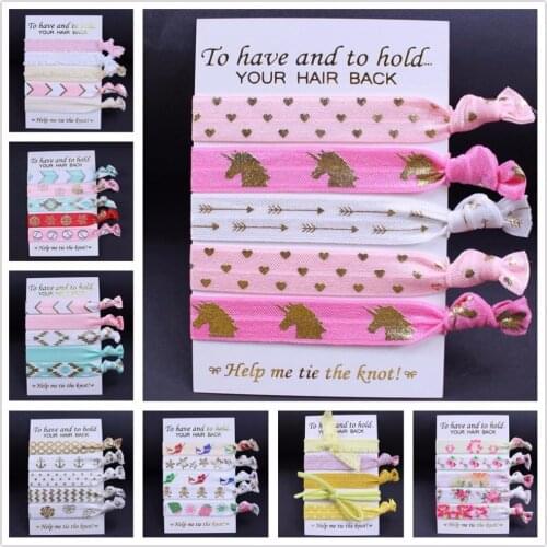 5/8" baby Ponytail hair ties elastic printed foe elastic fold over elastic 1 set per lot (5 pcs)