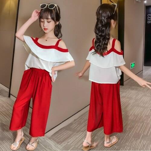 Kids Clothes Summer Outfits Girls Off Shoulder Kids Sling Shirt+Wide Leg Pants 2Pcs Set Teenage Girls Clothing 4 6 8 10 12 Years