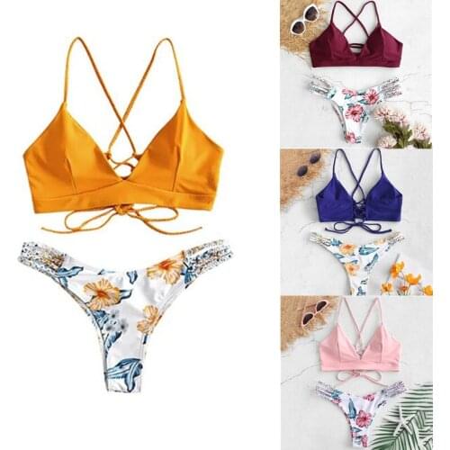 Sexy Women Bra Set Flower Print Two Piece Swimsuit Sleeveless Swimwear Beachwear Off Shoulder Bra Suits Female Underwear Set