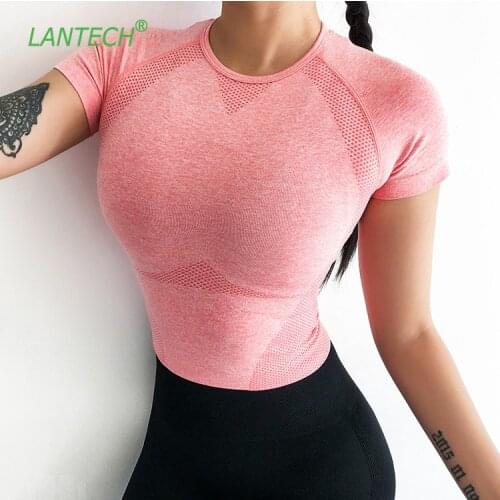 LANTECH Women Gym Shirts Fitness Seamless Crop Tops Yoga Compression Tights Sports Short Sleeve Running Workout Sportswear