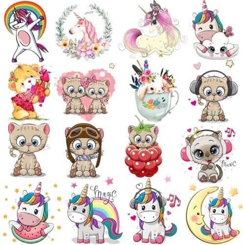 Pulaqi Cartoon Unicorn Cat Gog Animals Ironing Stickers On Kids T-shirt Iron On Transfers Vynil Heat Transfer DIY Thermo Sticker