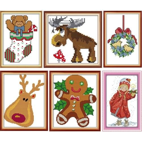 Joy Sunday Cross Stitch Printed Cross Christmas Elk Ornaments 14CT 11CT Print Count Hand Embroidery Needlework Accessories Gift
