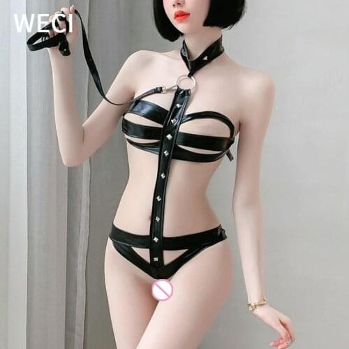 WECI Sexy Latex Bdsm Body Catsuit Lingerie Bondage Woman Hot Leather Bodysuit With Cutout Choker Neck Slut Bikini Erotic Corset