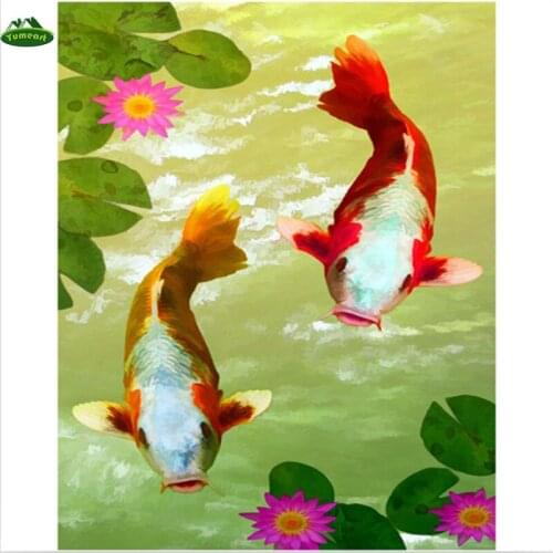 YUMEART Diamond Embroidery Lotus Resin Craft Rhinestones Cross Stitch Fish Pattern Lover 3D DIY Diamond Painting Canvas Set
