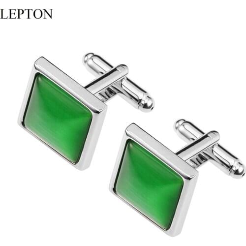 LEPTON Green Cat Eye Stone Cufflinks for Mens Shirt Cuffs Cufflink Square Fashion Women Cuff Links Relojes Gemelos Best Gift