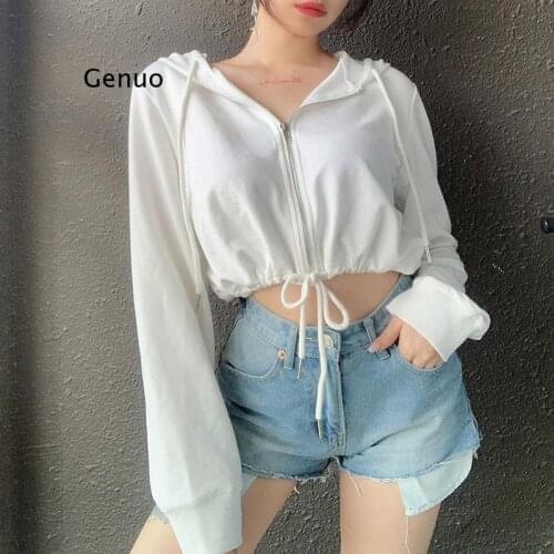 Korean Fashion Streetwear Outfits Cropped Sweatshirts 2020 Autumn Long Sleeve Solid Casual Zipper Up Womens Hoodies