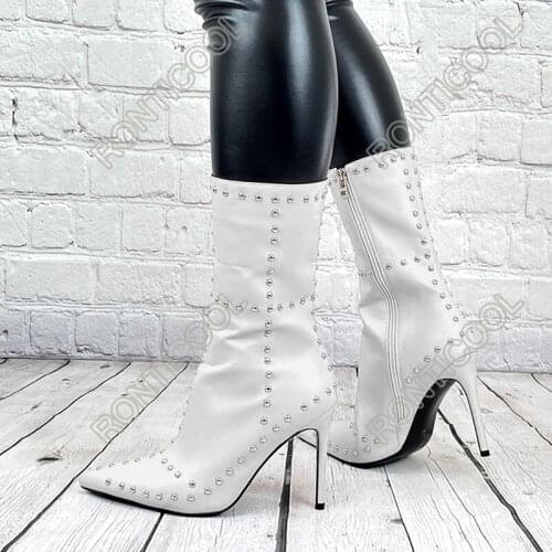 Ronticool Handmade Women Winter Mid-Calf Boots Studs Stiletto Heels Pointed Toe Pretty 9 Colors Club Shoes Women Us Size 5-15