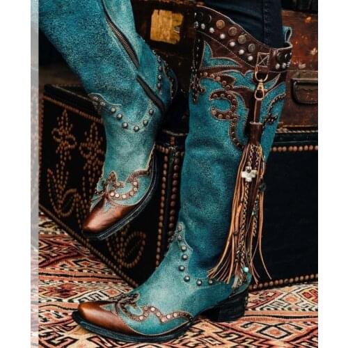 Women knee high boots chaussure booties mid heels vintage PU leather retro rivets tassels shoes woman zapatos mujer sapato