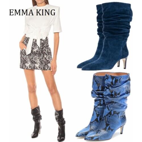 2021 Women Snake Printed Mid Calf Boots Sexy Pointed Toe 6.5 Heels Sloth Boots Female Slip On Club Party Dress Fold Short Boots