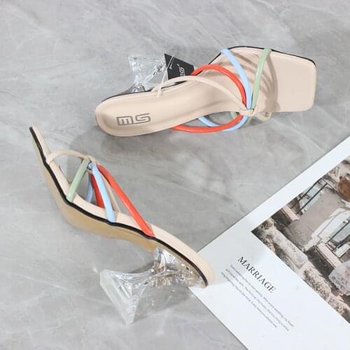 Womens Slippers High Heels 2021 Summer New Narrow Band Open Toe Crystal Horseshoe Heels Fashion Roman Sandals 8CM