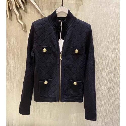 Knitted Cardigan Coat Women Zipper Pockets Golden Button Black And White Short Knitted Sweater Fashion Cardigan 2021