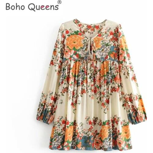 Boho Queens women ethnic floral print long sleeve tassel beach Bohemian mini dresses Ladies tie neck rayon Boho dress vestidos