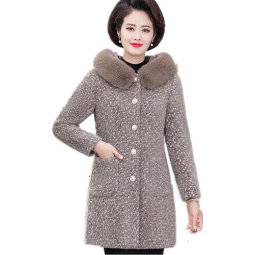 Haute couture Woolen coat Women winter jacket with fur Imitate Mink cashmere Outwear hooded High quality Middle age clothing 407